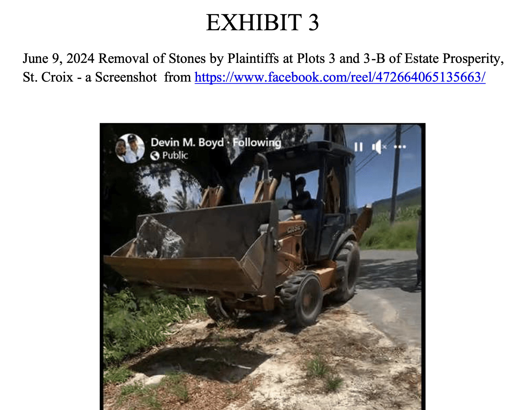 A Facebook post included as an exhibit in the beach access case allegedly shows the use of heavy equipment to move boulders that the owners of a beachfront home in Estate Prosperity on St. Croix placed along their property. (Screenshot of court filing)